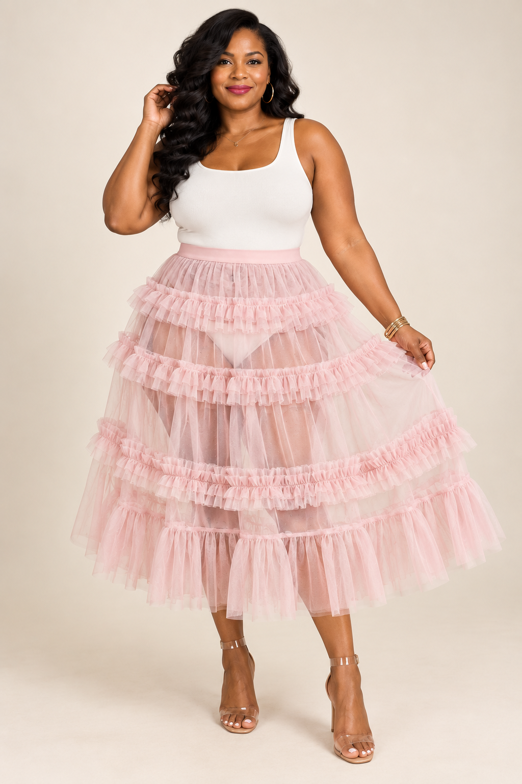Forever 21 Blush Pink Sheer Ruffle Tulle Midi Skirt