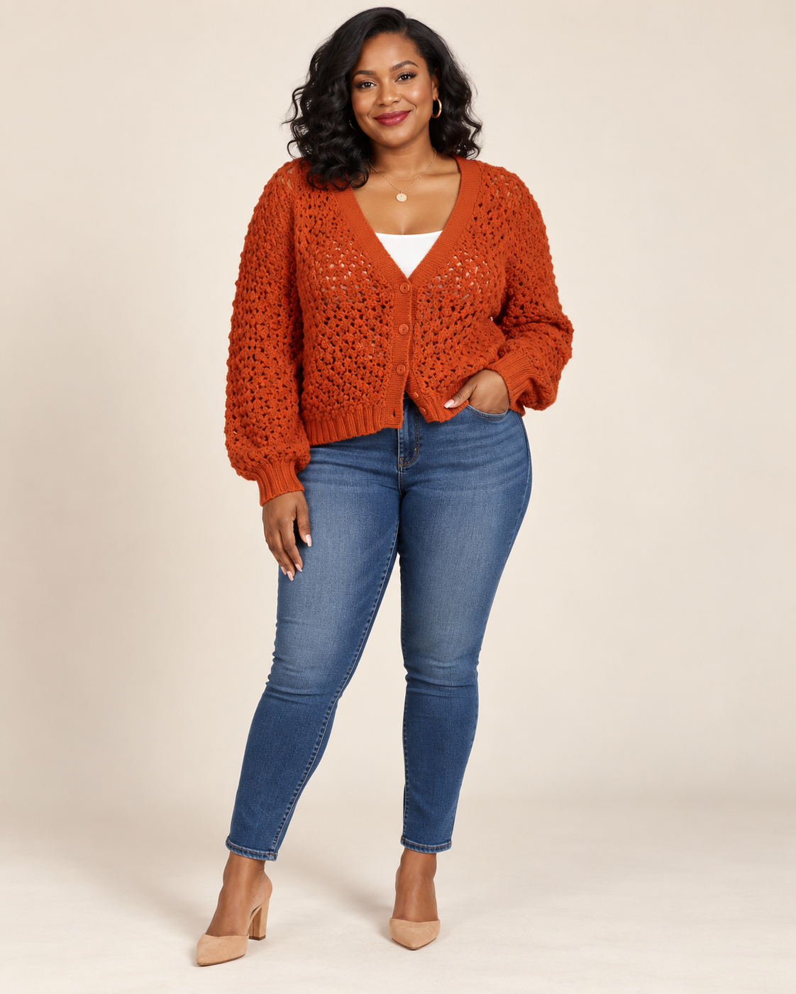 Burnt Orange Open-Knit Cardigan
