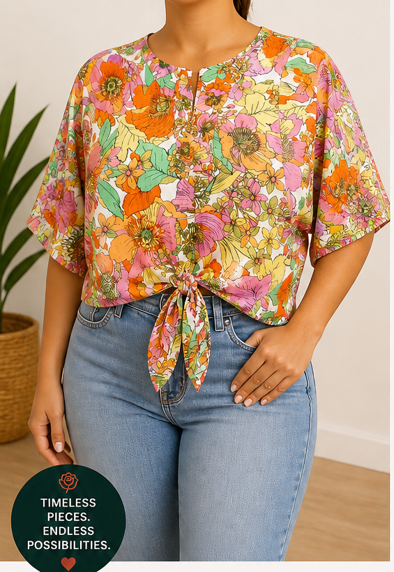 Rose + Olive Multi Floral Tie-Front Top Size 8