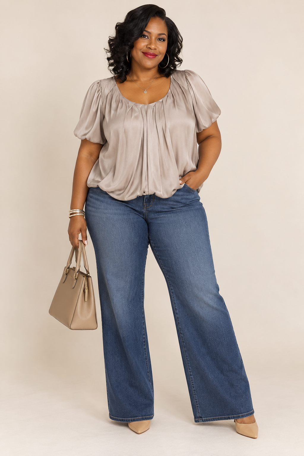 ASTR The Label Champagne Satin Cropped Bubble Sleeve Top
