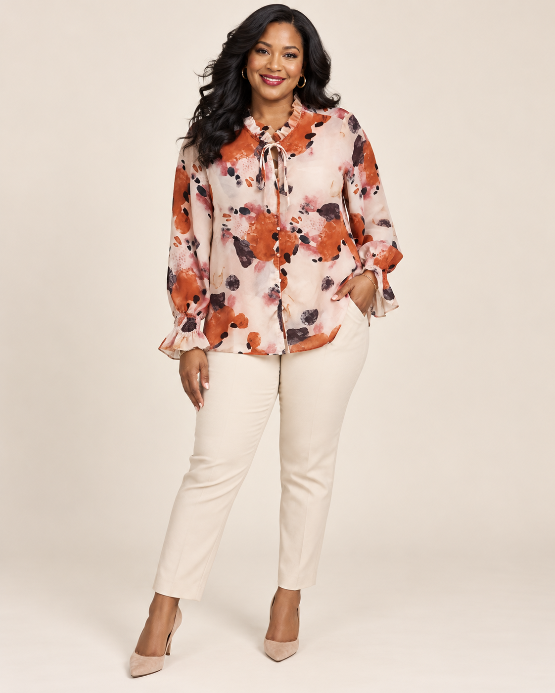 Abstract Print Tie-Neck Button-Down Blouse