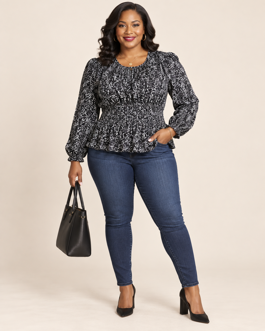 Universal Thread Black & White Printed Peplum Blouse NWT