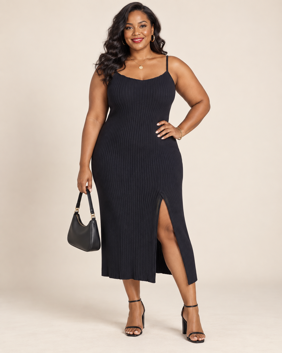 Cider Black Ribbed Sweater Dress with Side Slit