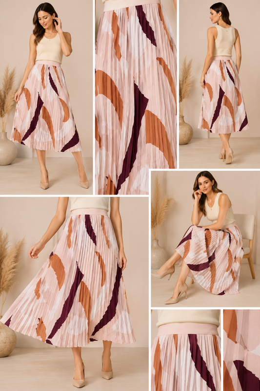 Chemistry Abstract Pleated Midi Skirt – Blush Multi | Size 12 (Comparable to International Size 32)