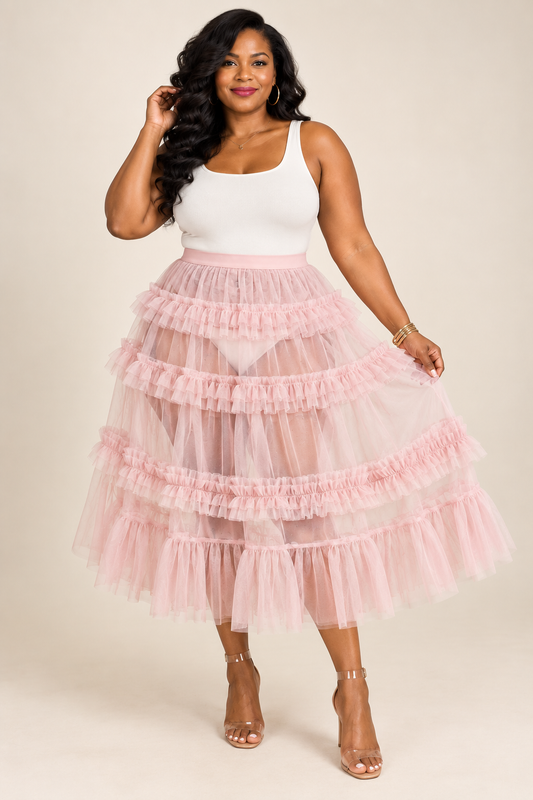 Forever 21 Blush Pink Sheer Ruffle Tulle Midi Skirt