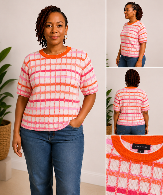 Ann Taylor Grid Knit Sweater Top – Size XL