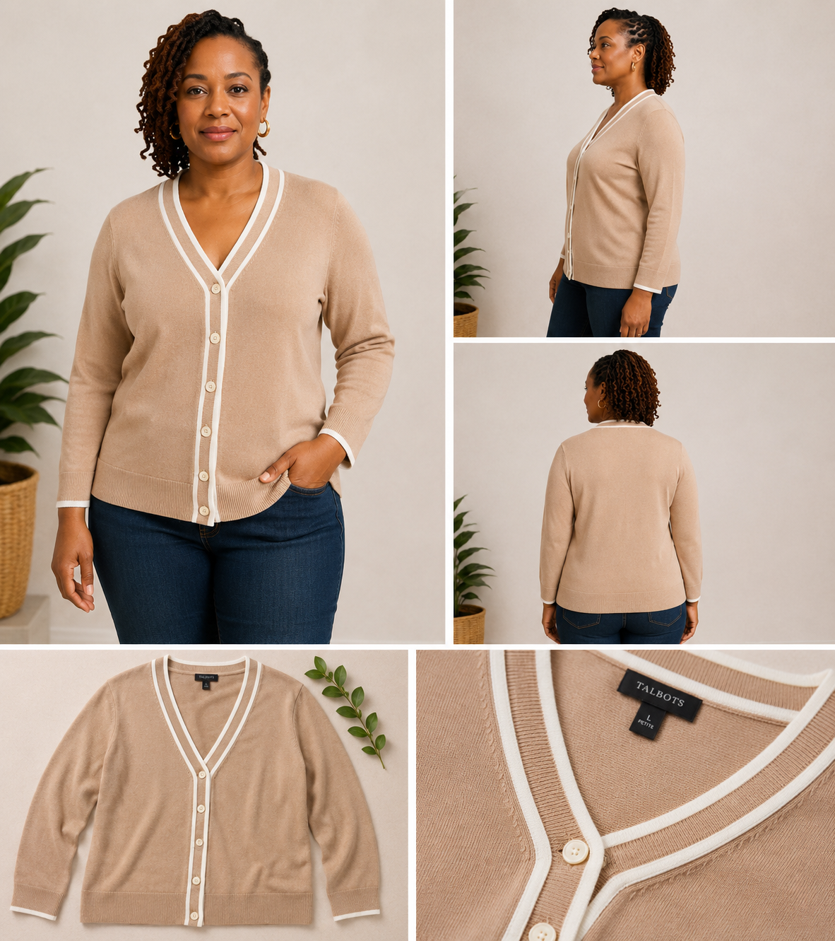 Talbots Neutral Contrast Trim Cardigan – Size Large Petite