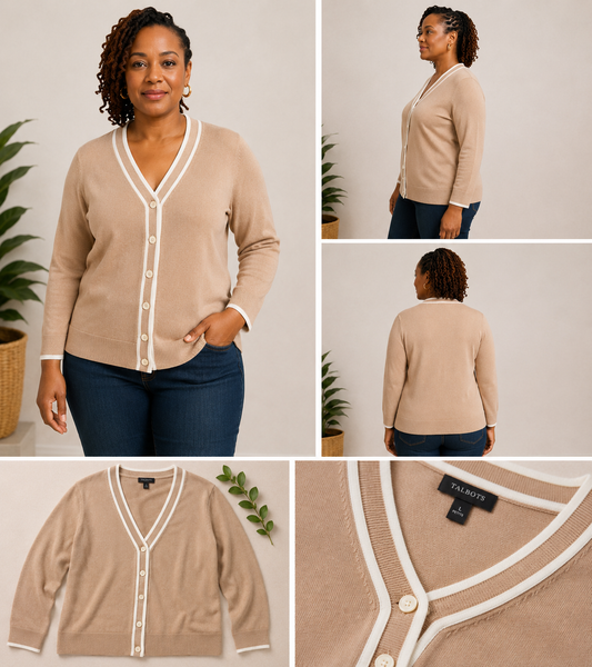 Talbots Neutral Contrast Trim Cardigan – Size Large Petite