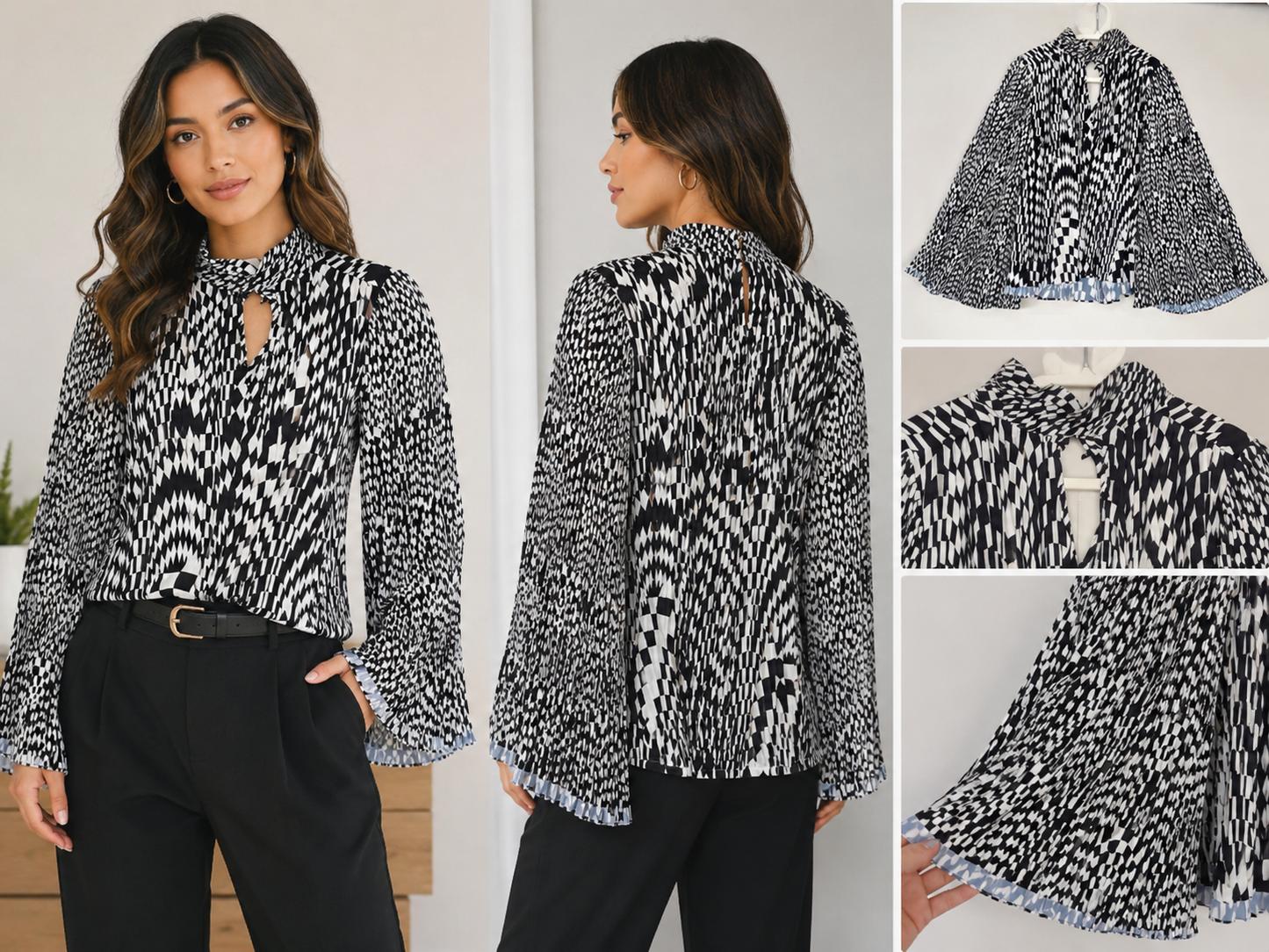 French Connection Geometric Pleated Bell Sleeve Top – Size Medium