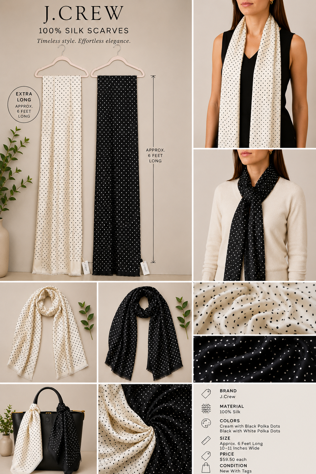 J.Crew 100% Silk Polka Dot Scarves – Extra Long