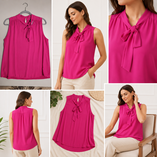 Ann Taylor Sleeveless Tie-Neck Blouse – Hot Pink | Size Large