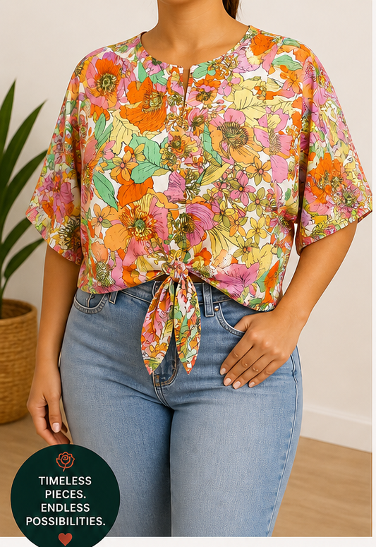 Rose + Olive Multi Floral Tie-Front Top Size 8