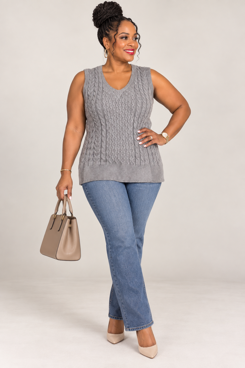 Cable Knit V-Neck Sleeveless Sweater Vest
