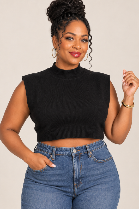 Black Oversized Cropped Turtleneck Cap-Sleeve Sweater