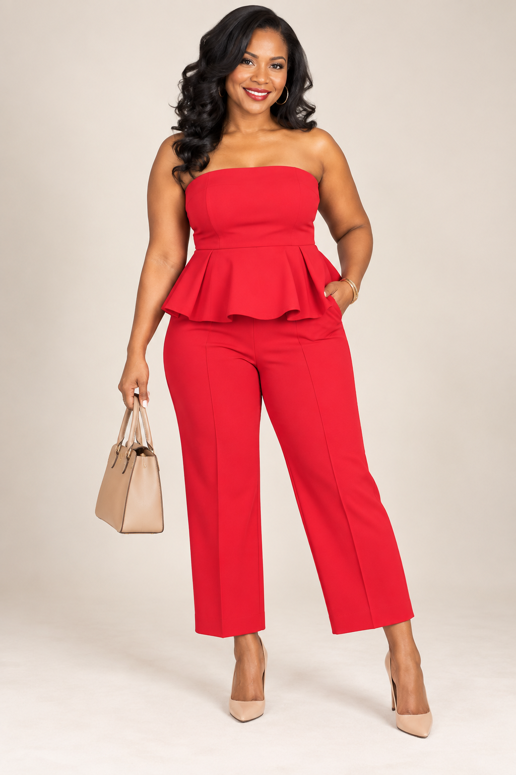 Fashion Nova Red Ruffle Peplum Wide-Leg Cropped Pants Set NWT