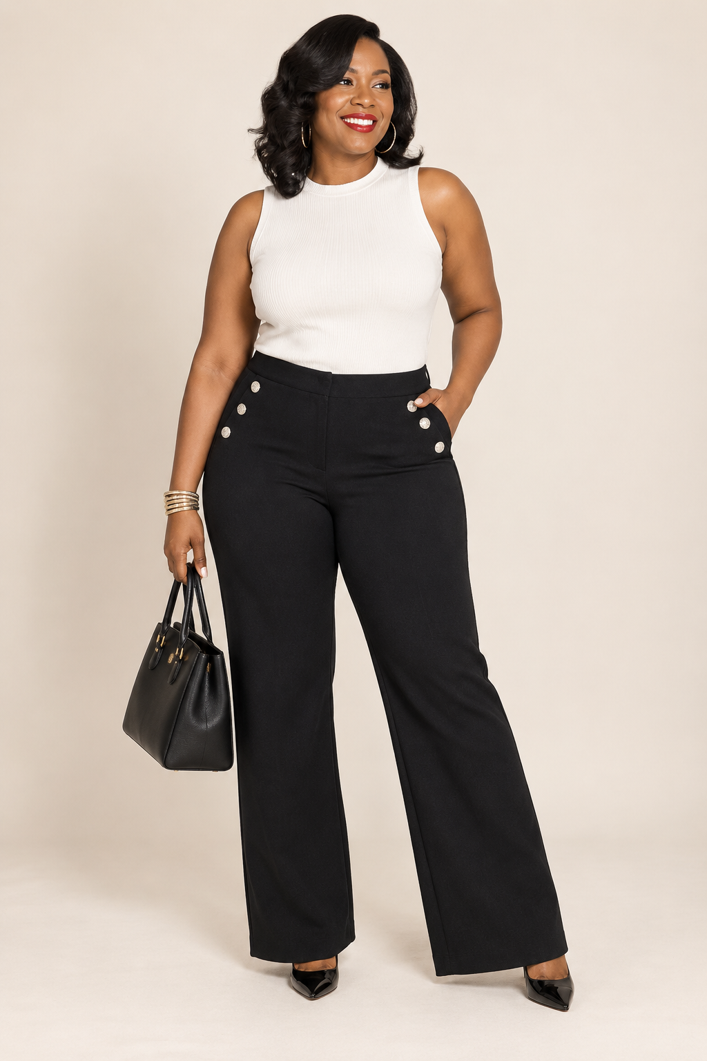 Rachel Zoe Black Gold Button Pull-On Wide Leg Pants
