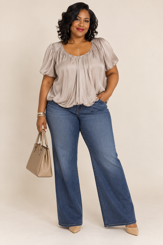 ASTR The Label Champagne Satin Cropped Bubble Sleeve Top
