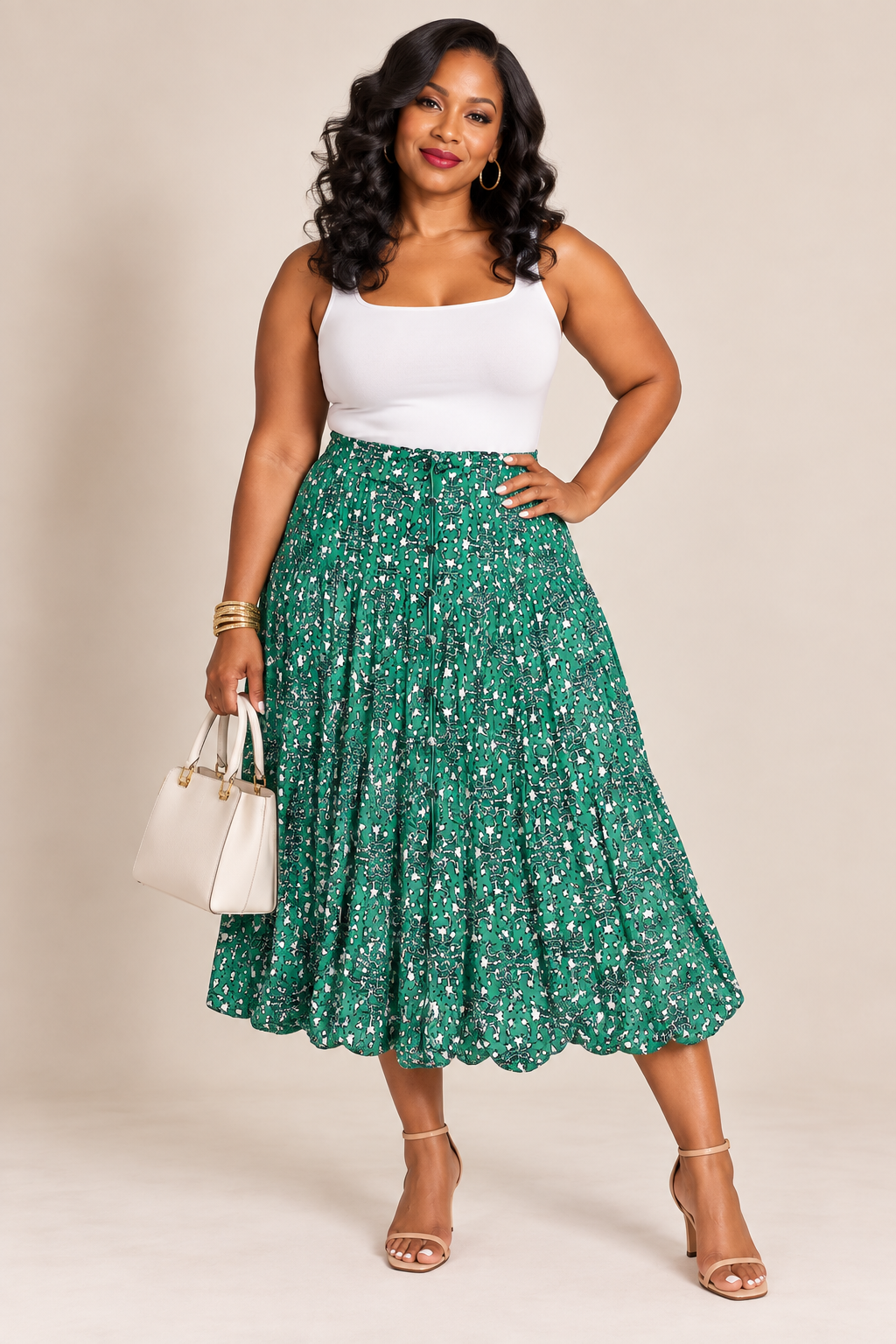 Max Studio Green Printed Midi Skirt