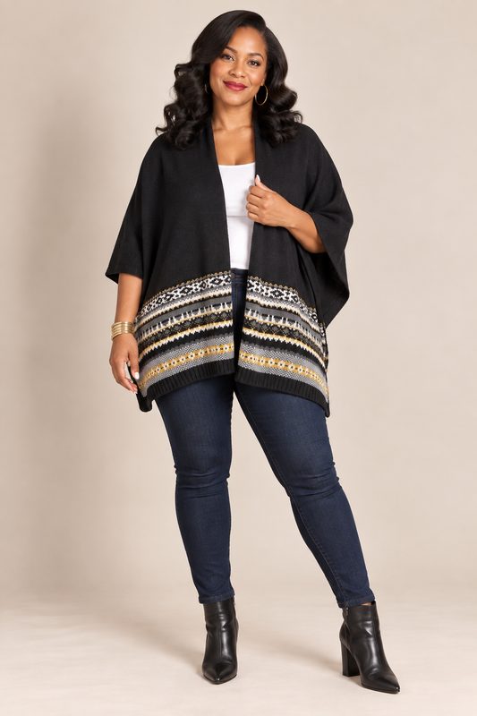 Madison 88 Black Border Print Open-Front Poncho Wrap