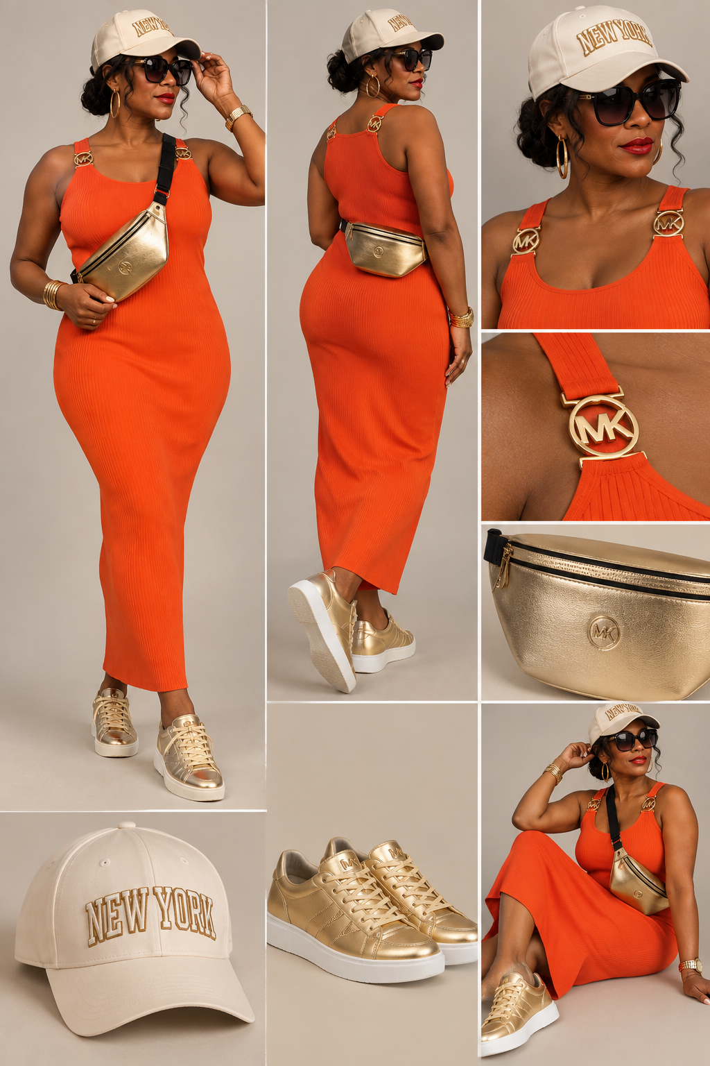 Michael Kors Orange Ribbed Midi Dress