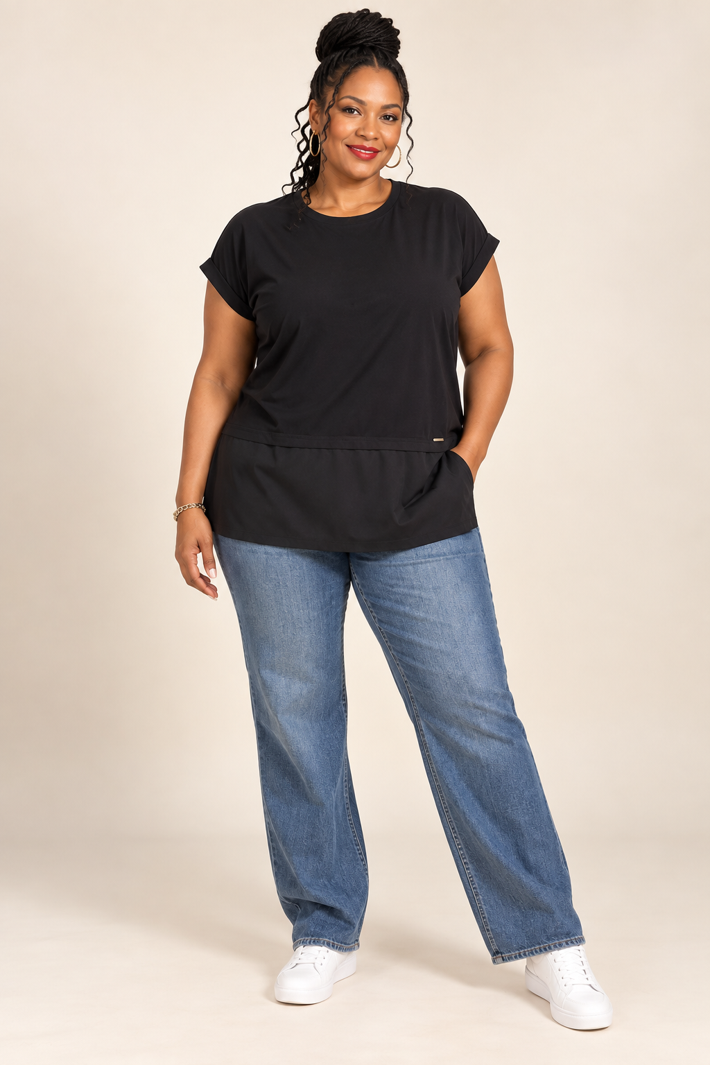 Calvin Klein Black Mixed-Media Two-Tone Top