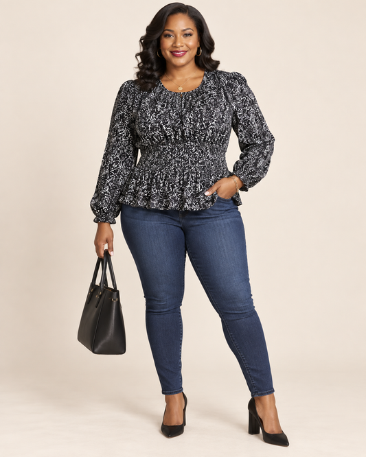 Universal Thread Black & White Printed Peplum Blouse NWT