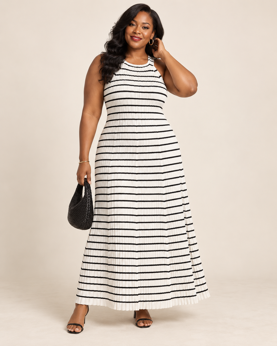 BLU Pepper Cream & Black Striped Pleated Maxi Dress