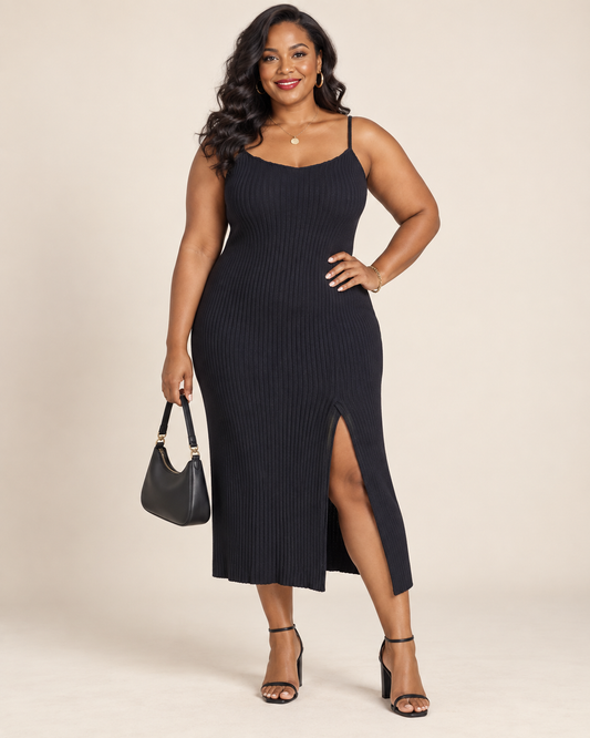 Cider Black Ribbed Sweater Dress with Side Slit
